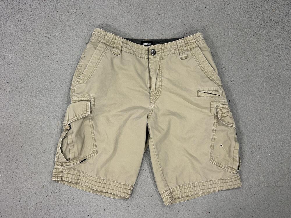 Y2K Fox Cargo Shorts Mens 30 Beige Canvas Utility Pockets Moto Skate Streetwear